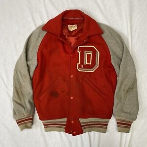 Fab-Knit Holt's wool varsity letterman jacket size 38 red gray "D" distressed
