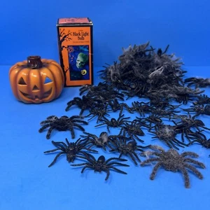 Haloween Lot Happy Pumpkin Candle Holder Black Light Bulb and Black Spiders - Picture 1 of 24