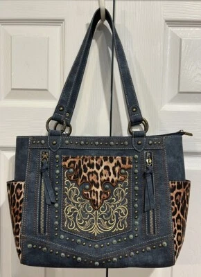 Cartera de Mano Montana West Oculta, Azul Denim con Estampado de Guepardo, Nueva con Etiquetas Foto 1 de 4