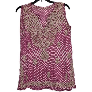 Brand Unknown Sleeveless Pink Polka Dot Top With Floral Tan Embroidery sz Medium - Picture 1 of 11