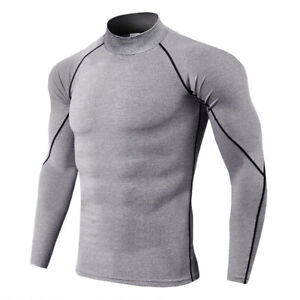 Men Turtleneck Gym Tights Compression Base Layer Tops Athletic Long Sleeve Shirt