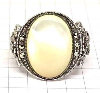 (SIZE 6,8,9) Large MOTHER OF PEARL RING Filigree Marcasite .925 STERLING SILVER - Image 1 of 4