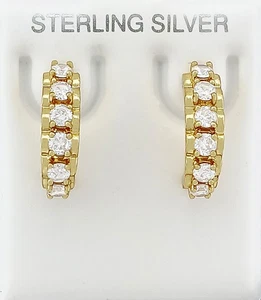 LAB CREATED WHITE SAPPHIRE HOOP EARRINGS 14K YELLOW GOLD PLATED - New With Tag - Picture 1 of 5