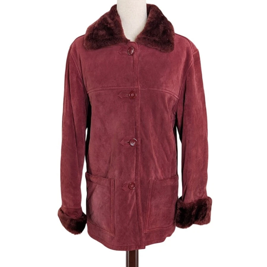 Dennis Basso Burgundy Suede Barn Coat Faux Fur Women's XS Vintage 90s Y2K Boho - Image 1 of 4