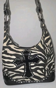 Zebra Kreuz schwarz Trim Concho Strass Nieten Schulter Handtasche Handtasche G13 - Bild 1 von 10