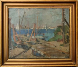 SCENA DEL PORTO, dipinto ad olio originale - Foto 1 di 6