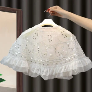 Girl Beads Lace Ruffle Cape Shrug Cardigan Wrap Shawl Bolero Party Dress Up Cute - Picture 1 of 12