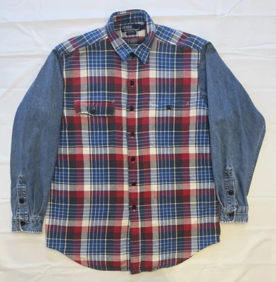 Camisa de mezclilla a cuadros azul magenta vintage de los 90 Polo Ralph Lauren para hombre Foto 1 de 4