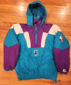 Charlotte Hornets Starter Jacket Size XL Hooded 1/2 Zip Preowned NBA 90's Teal - Picture 1 of 24
