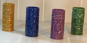 Keramik Tiki Tassen Hawian Cups Accoutrements 2001 4er Set blau lila grün gelb - Bild 1 von 5
