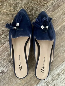 Neiman Marcus Blue Suede Mules With Tassels Size 8.5 - Picture 1 of 6