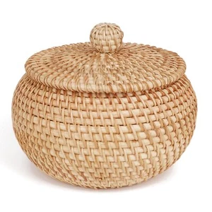 Round Rattan Basket Boxes With Lid Handwoven Wicker Baskets Multipurpose Picnic - Picture 1 of 6