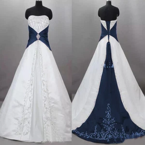 Vintage Wedding Dresses Embroidery Satin Strapless Retro A Line Bridal Gowns - Picture 1 of 26