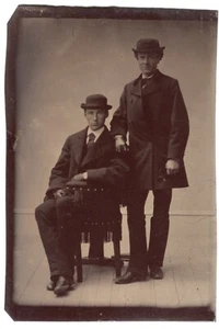 TWO HANDSOME MEN POSE FOR THEIR PORTRAIT (TIN TYPE PHOTOGRAPH) - Picture 1 of 3