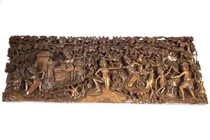 Panel de madera indonesio balinés vintage grande 37" tallado historia de arte de pared BB663 - Imagen 1 de 7