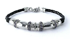 STAINLESS STEEL AMETHYST CRYSTAL SET BEADS ON BRAIDED BLACK LEATHER BANGLE, - Picture 1 of 2