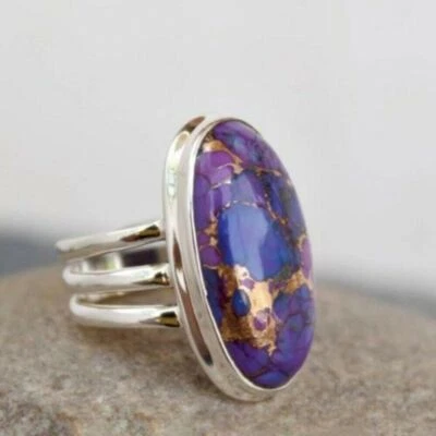 Viola Rame Turchese Gemma 925 Argento Sterling Artigianale Anello Tutti Taglia - Immagine 1 di 4