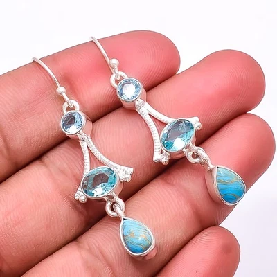 Blue Topaz, Copper Blue Turquoise 925 Sterling Silver Handmade Earring 2.03" E23 - Image 1 of 4