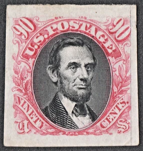 US # 122P3 *MINT NGAI LH* { JUMBO -XF- 90c LINCOLN } "SCARCE PROOF ON INDIA 1869 - Picture 1 of 2