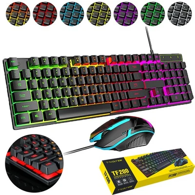 Rainbow LED Gaming Keyboard & Mouse Set Multicolor Changing Backlight Mouse Mice - Image 1 of 4