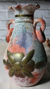 Sand Textured Clay Vase with Handle Rings Copper Floral Accent Trim 11.5" - Picture 1 of 6