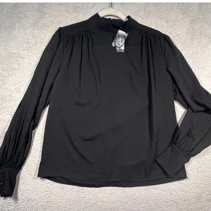 Express schwarz Langarm Stehkragen Bluse Top Puff Schulter Bündchen Detail Neu mit Etikett - Bild 1 von 8