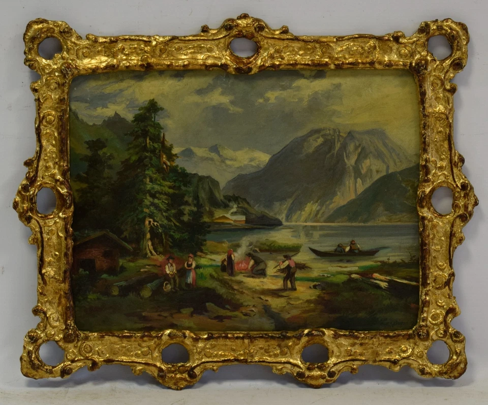 Altes Gemälde, Am See zwischen den Bergen, Landschaft, Öl, signiert, 50 x 41 cm - Bild 1 von 4