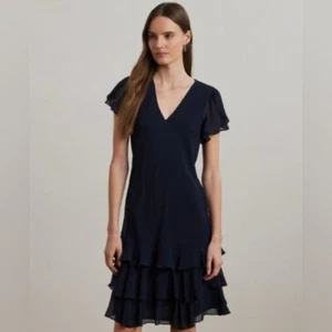 Lauren Ralph Lauren Women's Georgette Drop-Waist Ruffle Dress Navy Size 12 - Picture 1 of 15