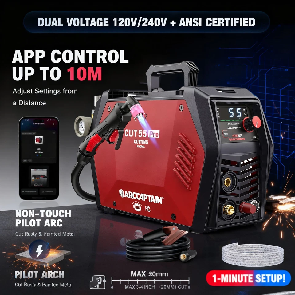 ARCCAPTAIN APP Control 55A Plasma Cutter 120V/240V Dual Voltage Non-Touch Pilot Arc 3/4 Cut