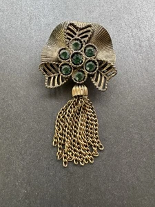Vintage Brosche dunkel goldfarben Metall, Bronze grün Strass Kette Quaste Anstecknadel - Bild 1 von 10