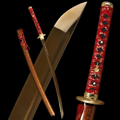 Espada Samurai Japonesa Hoja Dorada Katana Hecha a Mano en EE. UU. Manos Rojas Muy Afilada Foto 1 de 4