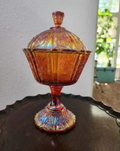 Vintage Fenton Carnival Glass Orange/Red Pedestal Candy Dish with lid - Picture 1 of 5