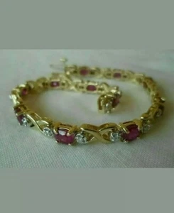 14k Solid Yellow Gold Plated 4.25CT Simulated Oval Ruby Diamond Tennis Bracelet - Picture 1 of 5