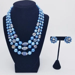 Vintage Japan 3 Layer Beaded Necklace & Clip On Earrings Blue MCM Mid Century - Picture 1 of 12