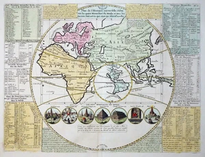 WORLDMAP PLAN DE L´HISTOIRE UNIVERSELLE 7 WORLD WONDERS CHATELAIN COLOURED 1719 - Picture 1 of 1