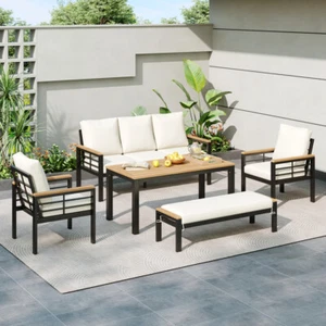 5 Pieces Outdoor Patio Furniture Set with 3-Seat Sofa & Cushion, Black + Beige - Picture 1 of 24