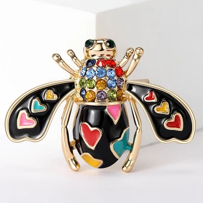 Enamel Bee Brooch Pin – Gold Rhinestone Heart Insect Jewelry, Unisex Summer Gift - Image 1 of 4