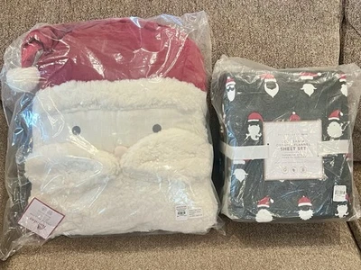 NUEVO Juego de sábanas Pottery Barn Teen Franela Cool Santa Queen y almohada para niños Navidad Foto 1 de 3