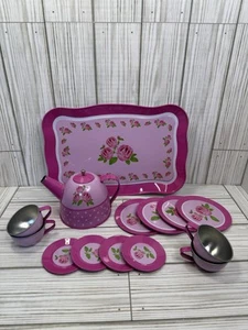 14 pc Kids PINK FLORAL TIN TOY TEA SET ~Teapot Tray Cups Saucers Plates - Picture 1 of 7