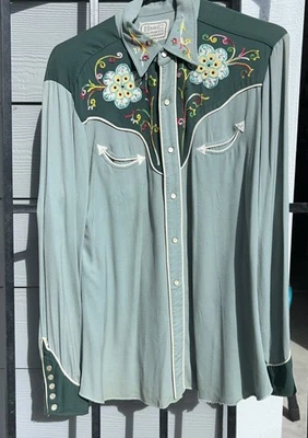 Vintage 1950s H Bar C California Ranchwear Shirt Turquoise Embroidered Western M - Image 1 of 4