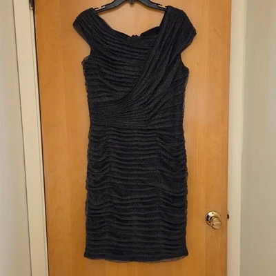 Tadashi Shoji Bodycon Formal Midi Dress Size 14 Black Silver Metallic Tulle READ - Image 1 of 4