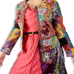 Emery Rose patchwork hippy cropped bolero jacket Bright rainbow India Boho S - Foto 1 di 9