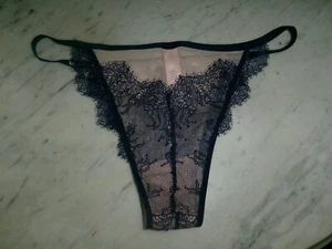 Bragas Victoria's Secret Itsy Mini Beige y Negro Malla y Encaje Tanga Talla Lg - Imagen 1 de 3