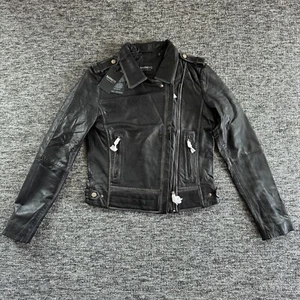 Barneys Originals Leather Jacket Womens Size UK8 Black Sheep Biker Beppe Ribbed - Picture 1 of 12