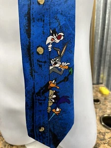 Looney Tunes Mania Blue 1994 Tie Tweety Bird Shirt Print Sylvester, Bugs, Bunny - Picture 1 of 10