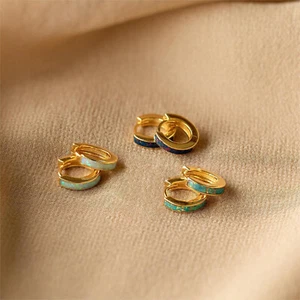 Dainty Fire Opal Inlay Huggie Hoops Earrings Gold Plated Minimalist Earrings - Picture 1 of 14