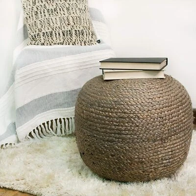 Ottoman Cover Grey Braided Jute Foot Stool Cover Floor Decor Modern Room Pouf - Image 1 of 3