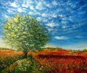 IMPRESIÓN ACEO DE PINTURA AL ÓLEO - ÁRBOL SOLITARIO pueblo campos flores paisaje por EMMA - Imagen 1 de 4