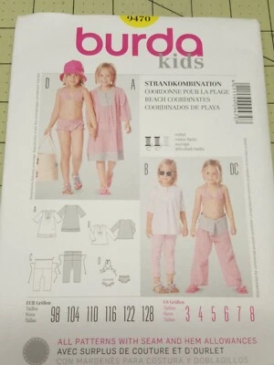 Burda Kids Pattern 9470 Beach Girls Swimsuit Tops Bottom Sizes 3 4 5 6 7 8 UNCUT - Image 1 of 4