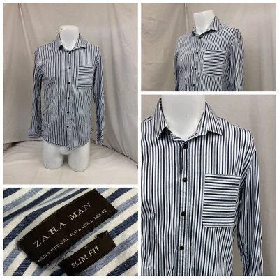 Camisa Zara Hombre L Azul Rayas Algodón Calce Ajustado Bolsillo Portugal YGI N2-213 Foto 1 de 4